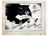 drawing of a black and white picture of a bear with people around it