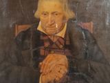 tableau représentant un vieil homme assis sur une chaise, une canne à la main