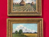 deux tableaux représentant une scène de vie à la ferme, avec un étang au premier plan et un champ à l'arrière-plan