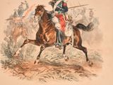 a drawing of a man riding a horse with a sword