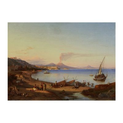 une image représentant un tableau où l'on voit des bateaux sur l'eau près d'une montagne