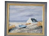 painting of a boat on a beach with a house in the background