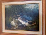 a painting of a duck and a duckling in the grass