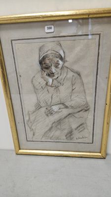 dessin encadré représentant une femme coiffée d'un bonnet, assise sur une chaise