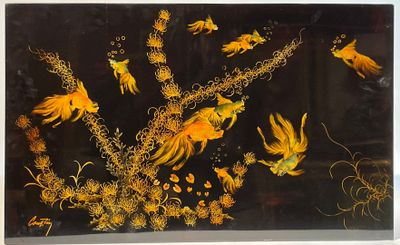 une photo d'un tableau représentant des oiseaux et des fleurs sur fond noir