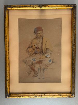 painting of a woman sitting on a stool with a dog in her lap