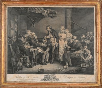 un vieux tableau représentant un groupe de personnes réunies autour d'une table