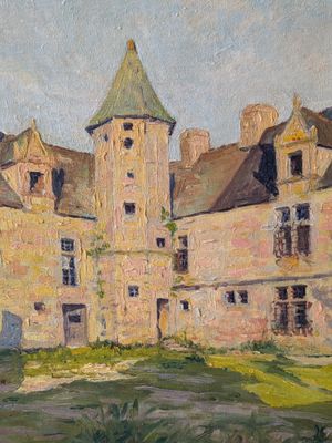 une peinture à l'huile représentant un grand bâtiment surmonté d'une tour