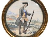 tableau représentant un homme avec un fusil et un chien dans un champ