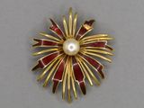 gold and red broochle with a pearl in the center