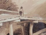 a watercolor painting of a man sitting on a bench
