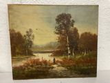 a painting of a man fishing on a river with trees in the background