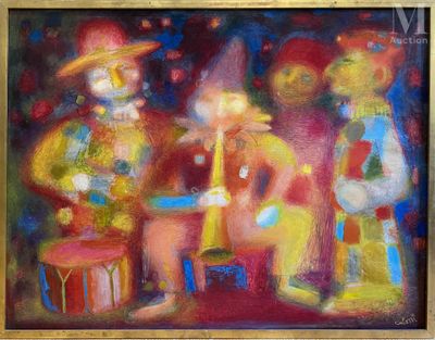 tableau représentant un groupe de clowns jouant de la musique devant une scène