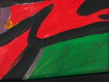 a picture of a painting with a red and green background