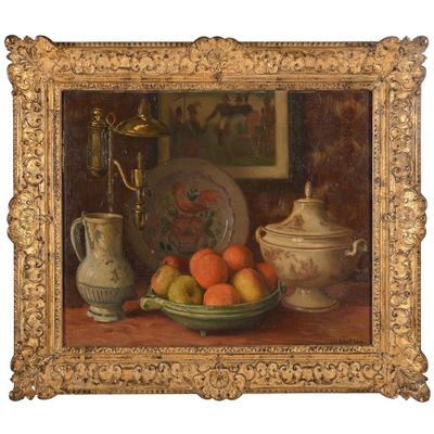 painting of a still life of fruit and a vase on a table