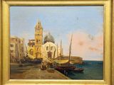 a painting of a man standing on a dock by the water