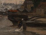 a painting of a man standing in the water by a boat