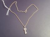 a close up of a necklace with a key on a chain