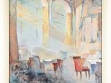 une image représentant une peinture d'une salle à manger avec des chaises et une table