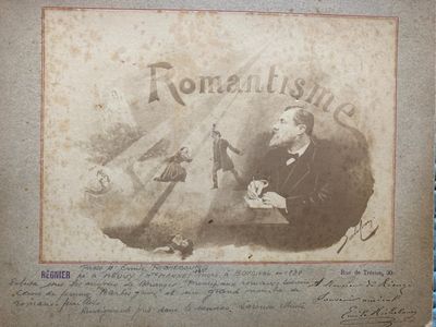 an old photograph of a man sitting at a table with a bird on it