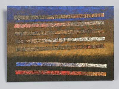 abstract painting of a brown, blue, and red flag on a black background