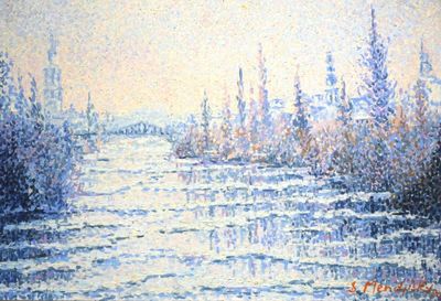 a painting of a river with trees in the background