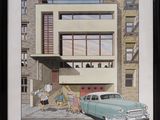 painting of a car parked in front of a building on a city street