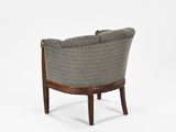the back of a chair with a wooden frame and a gray upholstered seat