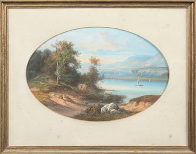 une image d'une peinture représentant une scène de rivière avec un bateau dans l'eau