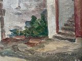 an oil painting of a potted plant sitting on a window sill