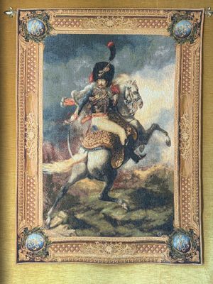 tableau représentant un homme à cheval, avec une épée posée sur la monture