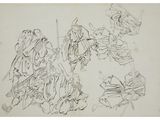 a drawing of a group of people with swords and armor