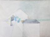 an image of a painting of a white building with a blue roof