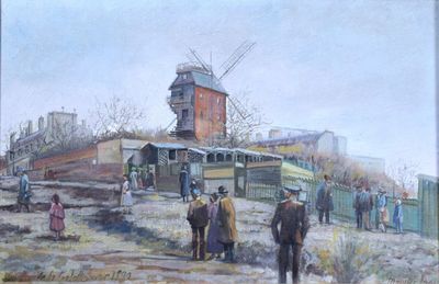 une peinture représentant un train sur les rails, avec des gens debout tout autour