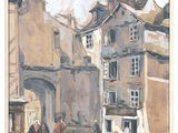 painting of two people walking down a street in front of a tall building