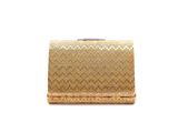 a close up of a gold clutch bag on a white background