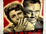 une vieille affiche de cinéma représentant un homme et une femme sur fond blanc