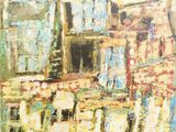 une peinture à l'huile représentant un bâtiment avec de nombreuses fenêtres