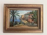 an oil painting of a view of a beach with palm trees