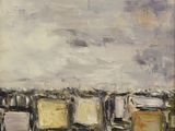an oil painting of a cityscape with a sky in the background