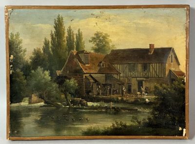 une vieille peinture représentant une maison au bord d'une rivière, avec un bateau dans l'eau