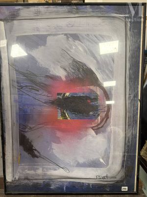 tableau encadré représentant une peinture abstraite rouge et bleue dans un cadre noir