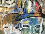 a painting of a man and a woman with hats on