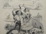 an old illustration of a man and a woman walking with a dog
