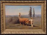 un tableau représentant un homme et une vache dans un champ