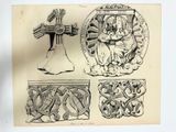 an image of a drawing of a cross, a bell, and a woman