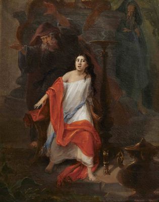un tableau représentant une femme vêtue d'une robe blanche et d'une cape rouge