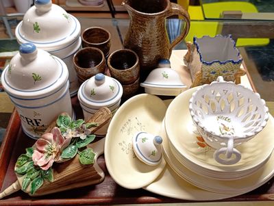 a tray that has a lot of dishes and cups on it