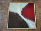 painting of a red and white abstract painting on a wooden floor