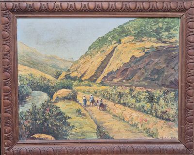 une peinture à l'huile représentant un groupe de personnes à cheval sur une route de montagne